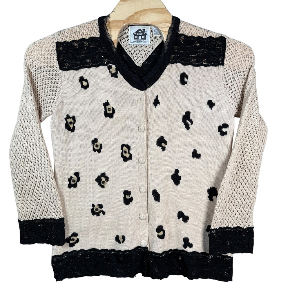 Storybook Knits Cardigan Sweater‎ Women Medium Tan Leopard Lace Wild Cat Beauty